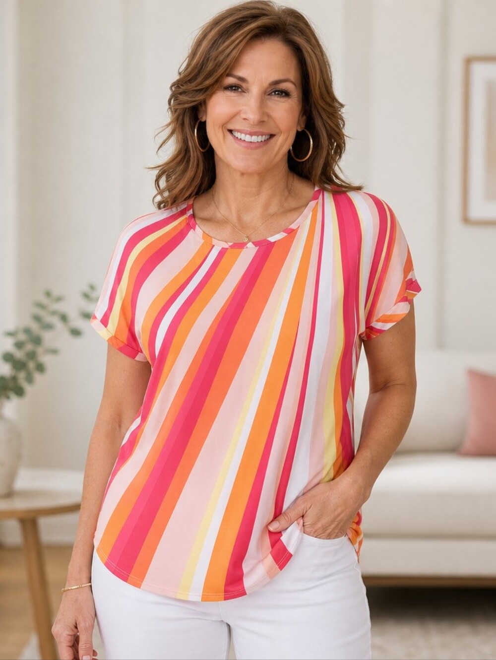 🌈 JM Collection Multicolor Radial Stripe Short Sleeve Top - Pink/Orange/Yellow